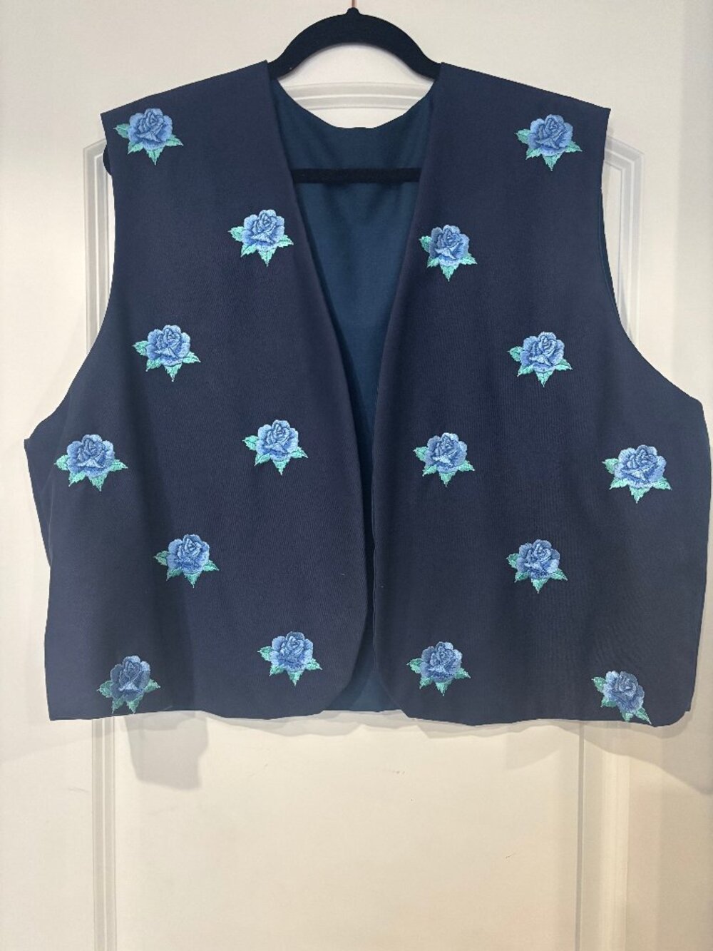 Vintage Handmade Blue Floral Embroidered Open Front Vest Reversible XL 1X